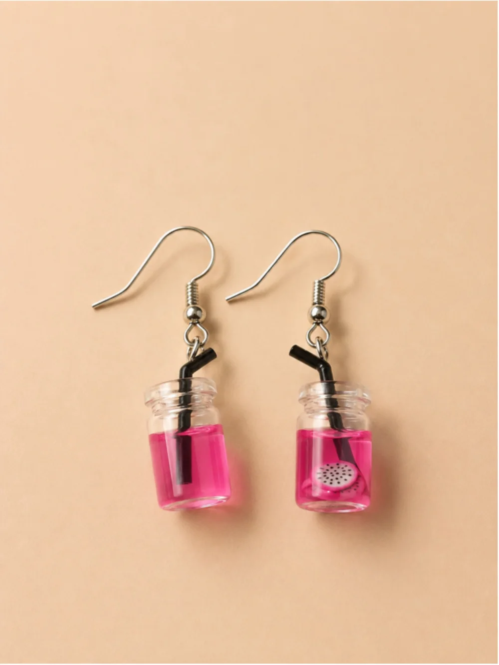 Women's Unbranded Dragon Fruit Drink Jar Earrings, One Size, Pink and Black